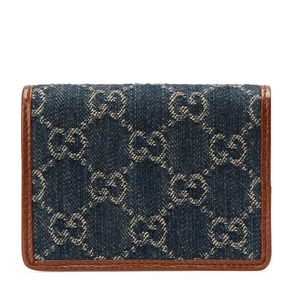 Gucci Horsebit 1955 GG Card Case Wallet Brown Leather Denim Italy New - Picture 3 of 6